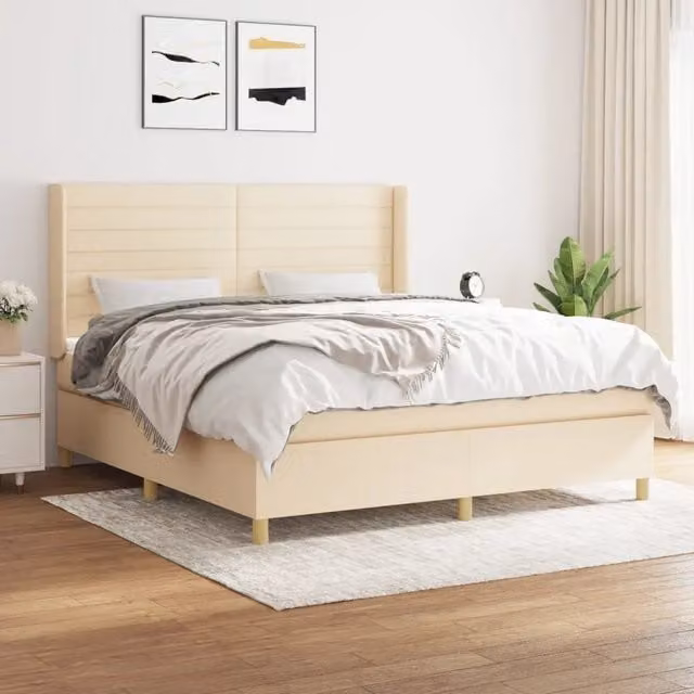 Letto Ibrido vidaXL con Giroletto a Molle e Materasso in Tessuto Beige e Bianco L/P/H: 160 x 200 x 163 cm