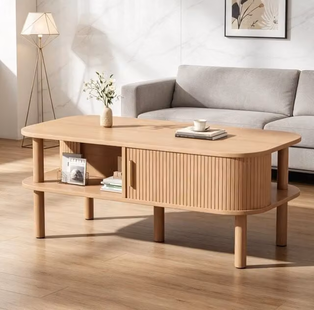 Tavolino da caffè scandinavo MODFU in MDF color marrone con piano ovale e angoli arrotondati L: 110 cm, P: 55 cm, H: 45 cm