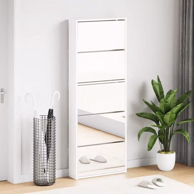 Scarpiera con Specchio a 5 Livelli-Mobile con specchio Bianco Lucido 63x17x169,5 cm