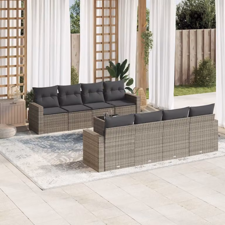 vidaXL Set Divano da Giardino 9 pz in Polyrattan Grigio con Cuscini e Tavolino