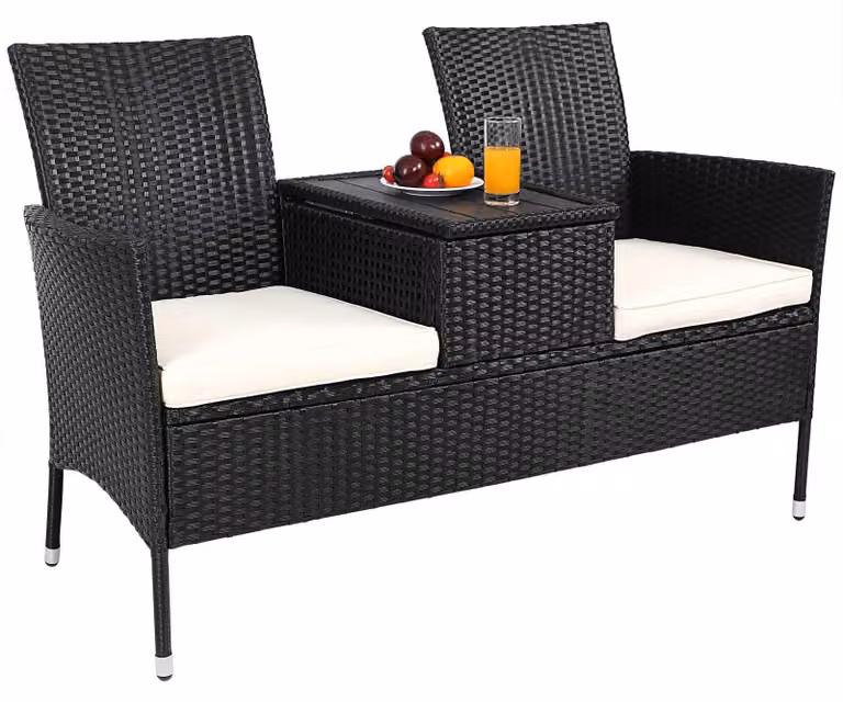 Panchina da giardino a 2 posti - Polyrattan - 143 x 64 x 88 cm - Nero - Con vano portaoggetti e tavolo