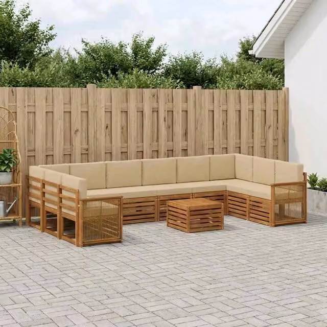 Set di divani da esterno a forma di U vidaXL in legno di acacia con cuscini beige e marrone – 1