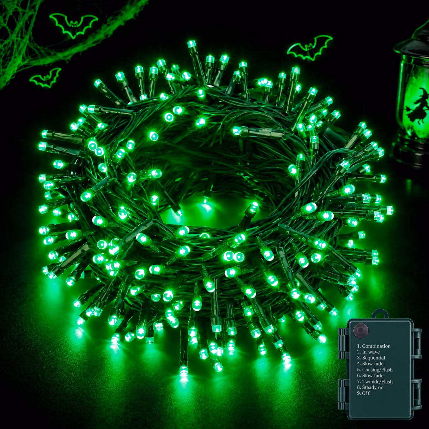 Catena luminosa a LED, 10 metri, 100 LED verdi, alimentazione a batteria, grado di protezione IP44