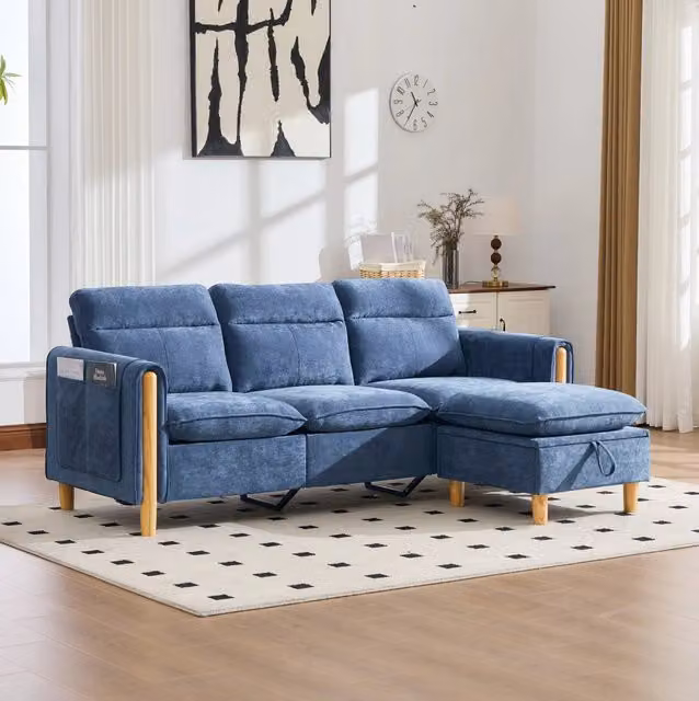 Divano angolare 3 posti 201x77x86 cm blu in chenille; chaise longue reversibile