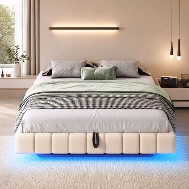 Letto contenitore 160x200 cm in lino beige con LED, senza testiera