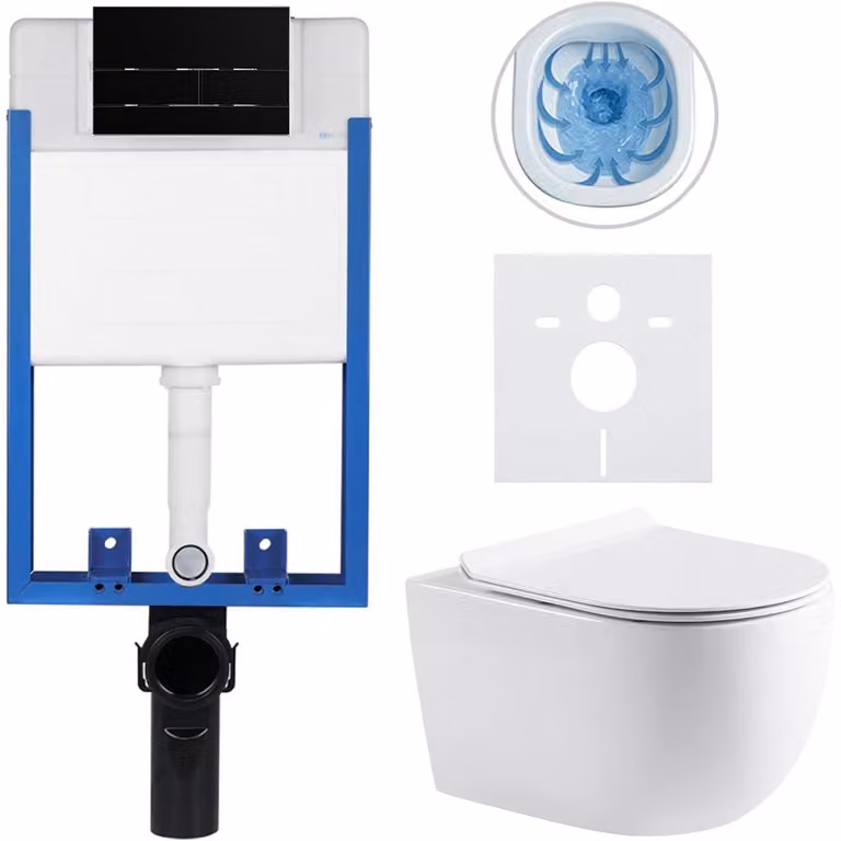 CERANO - Set completo per WC da incasso Lite/Felci - bianco lucido - pulsante per WC Line, nero opaco - da incasso - 52,5x36 cm