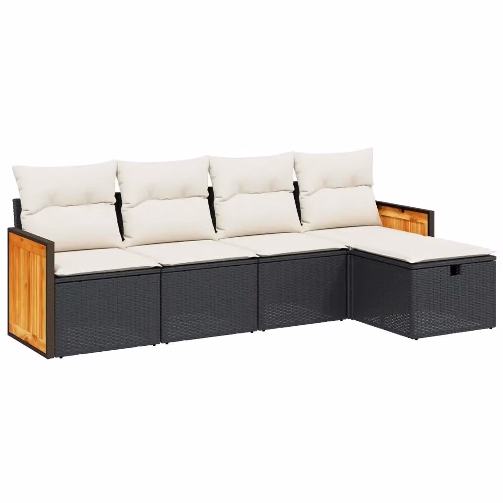 Set di Divani da Giardino L-Shape vidaXL 5 Pezzi con Cuscini in Polyrattan e Struttura in Acciaio Nero e Bianco – 2