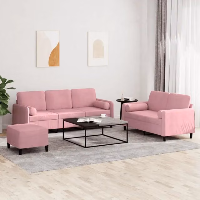 Set di divani moderno vidaXL in velluto rosa composto da divano a 3 posti, divano a 2 posti e pouf con cuscini inclusi