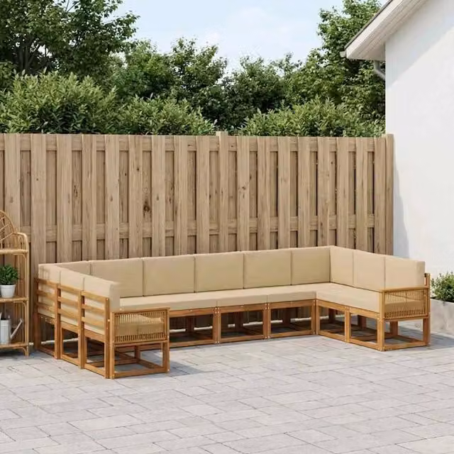 Set di divani da esterno a L vidaXL in legno di acacia con cuscini, Beige e Marrone – 1
