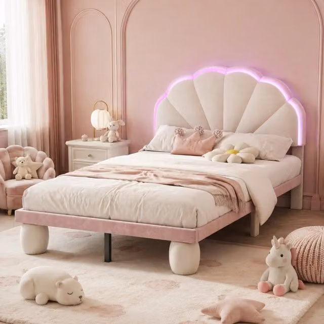 Letto singolo Mivray in velluto rosa con testiera ondulata imbottita e illuminazione LED multicolore L/P/H: 90 x 200 x 103,5 cm