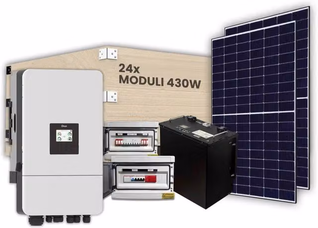Kit Fotovoltaico Trifase Deye 10kW con Inverter Ibrido, 24 Moduli 400W TIER-1 (9.6kW) Full Black, Accumulo LFP 10kWh e Quadri DC/AC