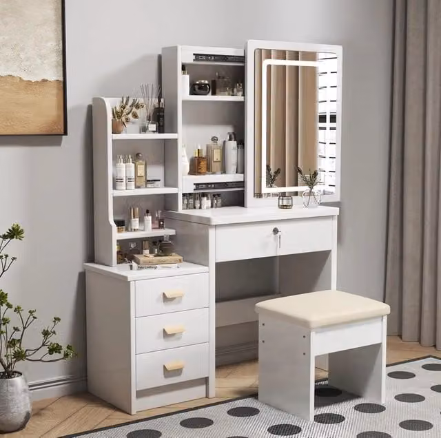 Toeletta bianca in MDF con specchio LED, luci regolabili e vani