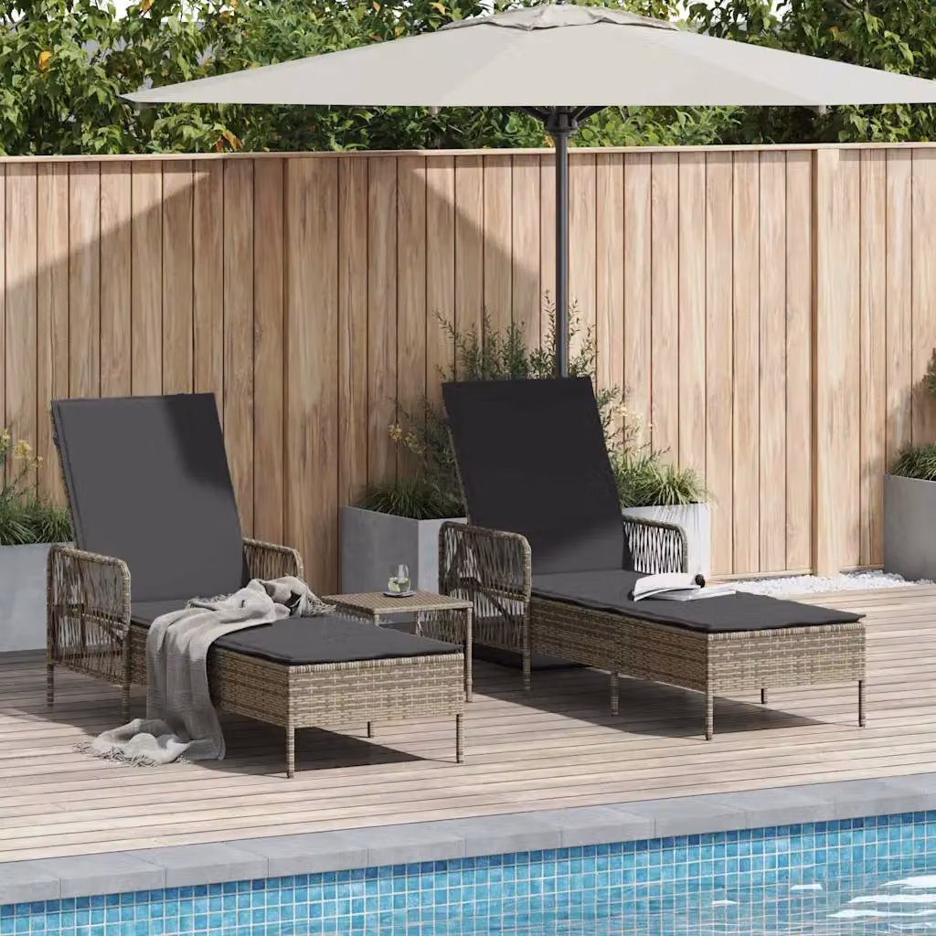 Set di 3 lettini da sole vidaXL in polyrattan e metallo grigio con poggiatesta regolabile