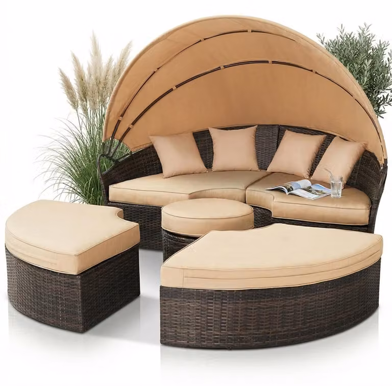 Mucola lettino sedia da spiaggia isola solare 180CM tavolo polyrattan giardino conchiglia set mobili da giardino seduta set lettino cuscini beige - marrone