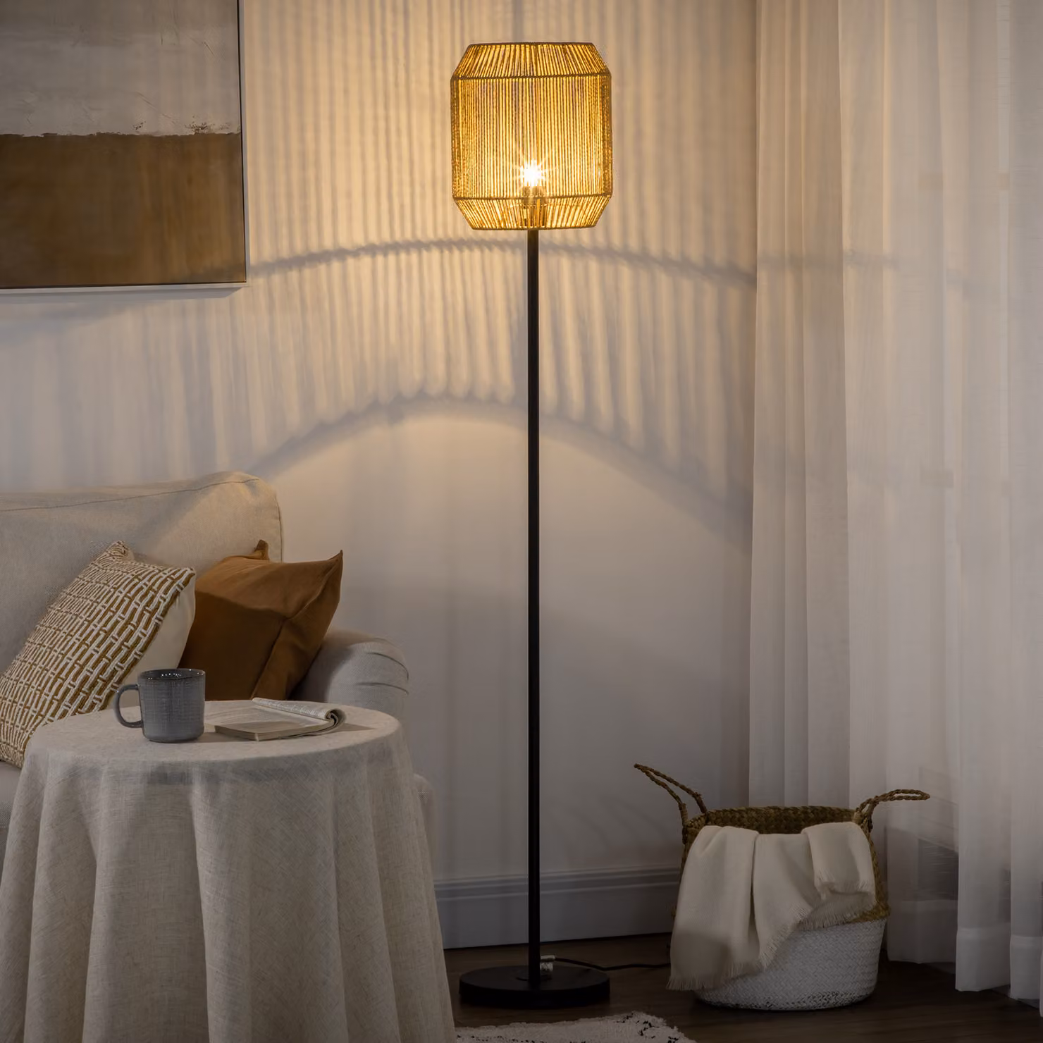 HOMCOM Lampada da terra moderna per salone con paralume cilindrico in carta beige e struttura in metallo nero, attacco E27 max 40W, Ø 26 x H 164 cm – 2