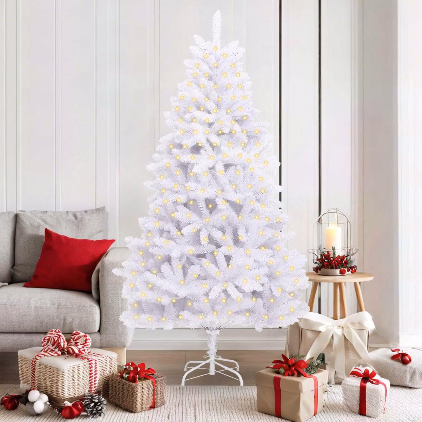 Maison Exclusive - Albero di Natale artificiale con 300 luci LED, realizzato in PVC e acciaio, colore bianco