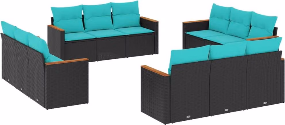 Set Divani da Giardino 12 pz con Cuscini Nero in Polyrattan