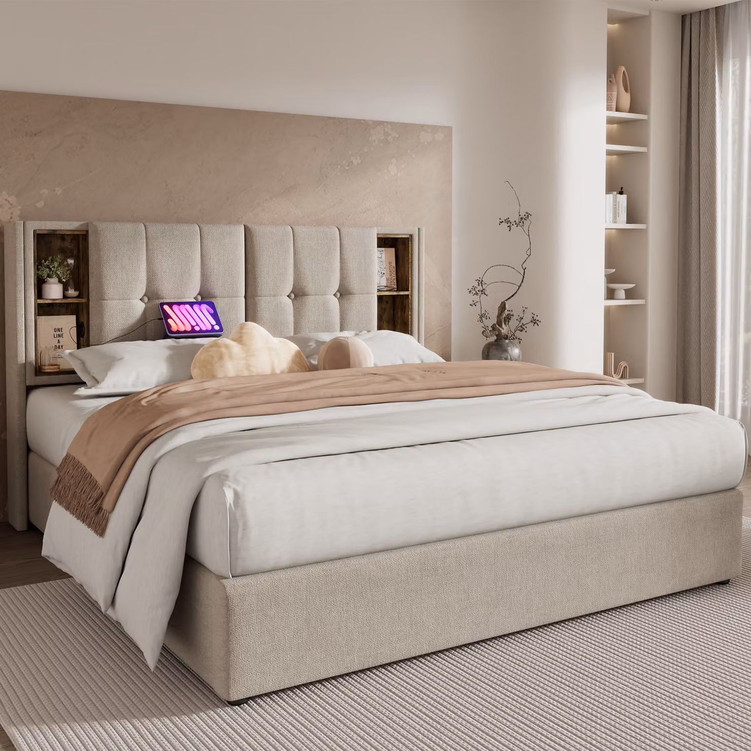 Letto imbottito STILVORA 180x200cm con connessione di ricarica USB e illuminazione LED, letto matrimoniale con contenitore per la rete, finitura naturale (con materasso)