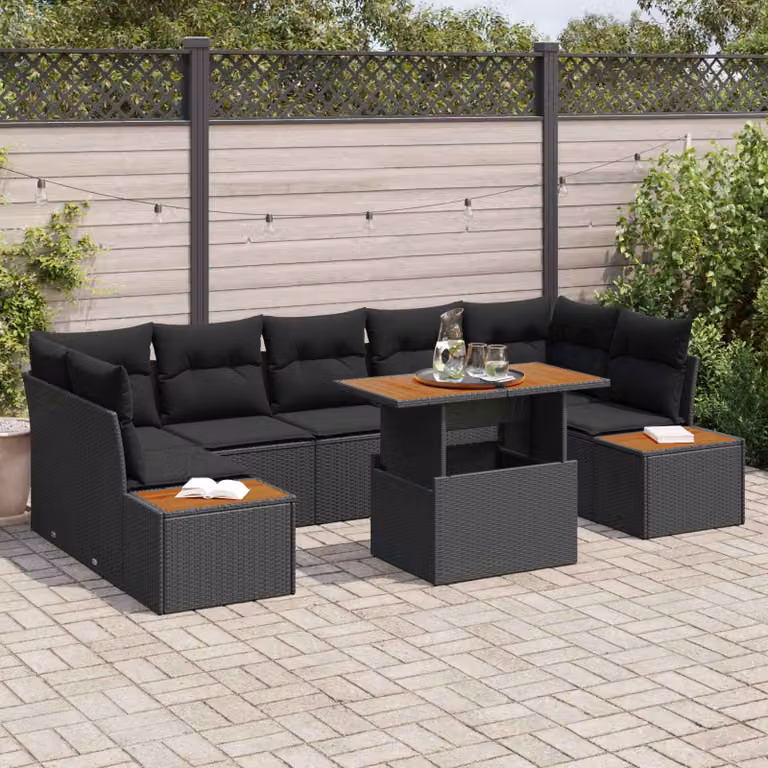 Set Divano da Giardino vidaXL 8 Pezzi in Polyrattan Nero con Tavolino e Cuscini con Contenitore per Archiviazione