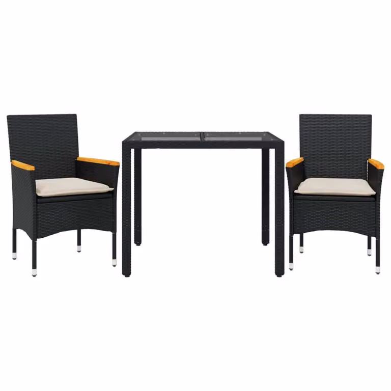 Set da Pranzo da Giardino 3 pz con Cuscini Polyrattan e Vetro