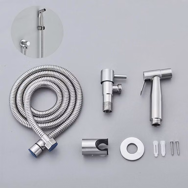 Doccetta per bidet - Set Shattaf - Montaggio a parete - Acciaio inossidabile - Solo acqua fredda - Getto orizzontale - Nichel spazzolato