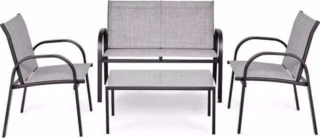 Set mobili da giardino con 4 pezzi per chiacchierare, Sedie da cortile in ferro e tessuto a rete con tavolino in vetro, Grigio-Set mobili da esterno