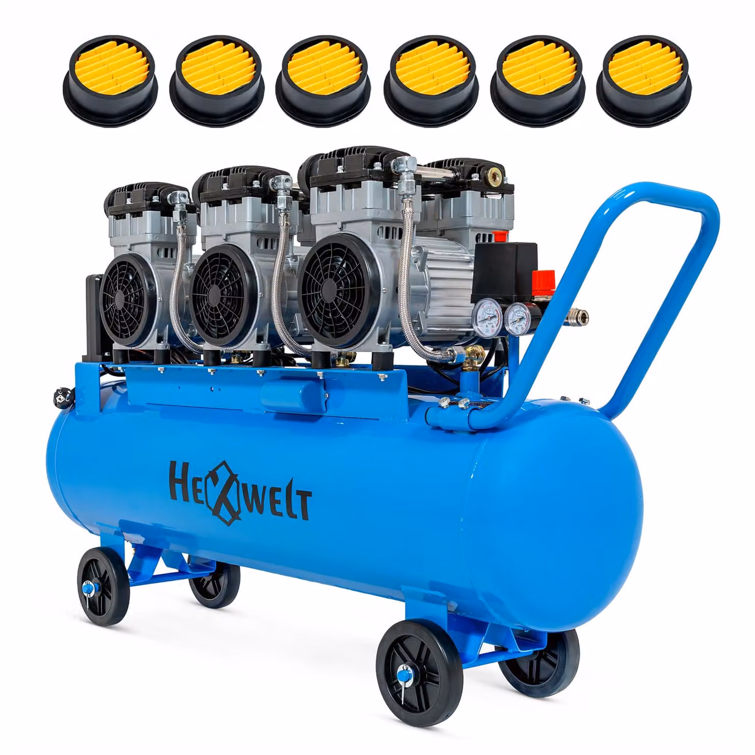 Compressore senza olio HW-KBO-6T-100L - 100 L, 6 cilindri, 576 l/min, 8 bar, 3,3 kW, 230 V, cilindri in ghisa, con ruote per officina e industria
