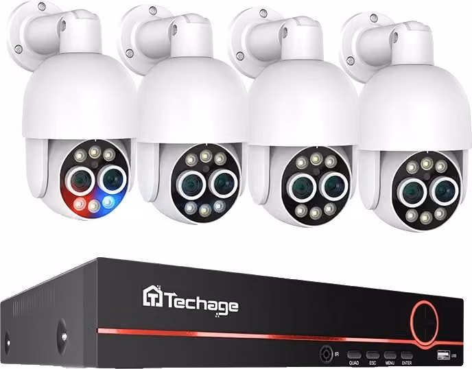 Sistema di telecamere PTZ POE, doppia lente con risoluzione 4MP, riconoscimento intelligente delle persone tramite IA, NVR 8CH e 4 telecamere, 1T