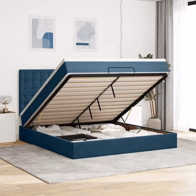 Letto con contenitore a sollevamento vidaXL in velluto blu con porta USB e illuminazione sottostante L: 160 cm, P: 200 cm, H: 280 cm – 1