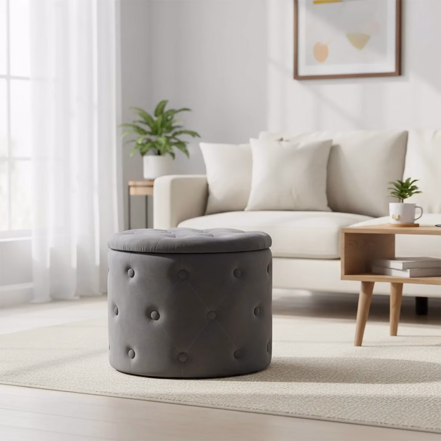 Vestiamo Casa Pouf Contenitore Apribile Cilindrico Grigio H 40,5 cm x Diametro 48,5 cm – 2
