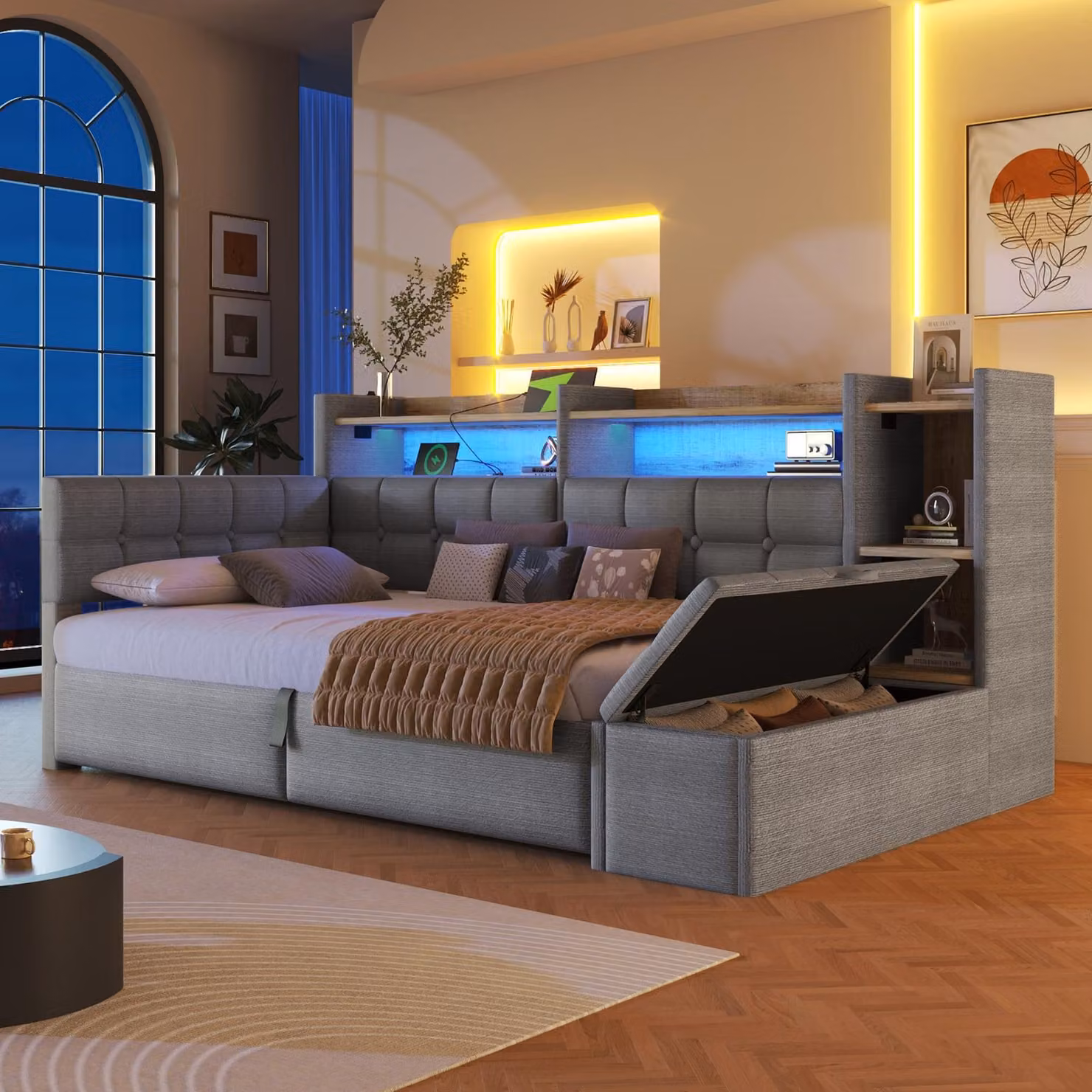 Divano letto trasformabile in letto singolo 90x200 cm con meccanismo a pistoni, letto imbottito singolo con funzione contenitore e rivestimento in ecopelle, letto per ragazzi in velluto con ripiani, colore grigio