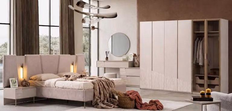 Letto, comodino, armadio, toletta, specchio, sgabello, stile moderno