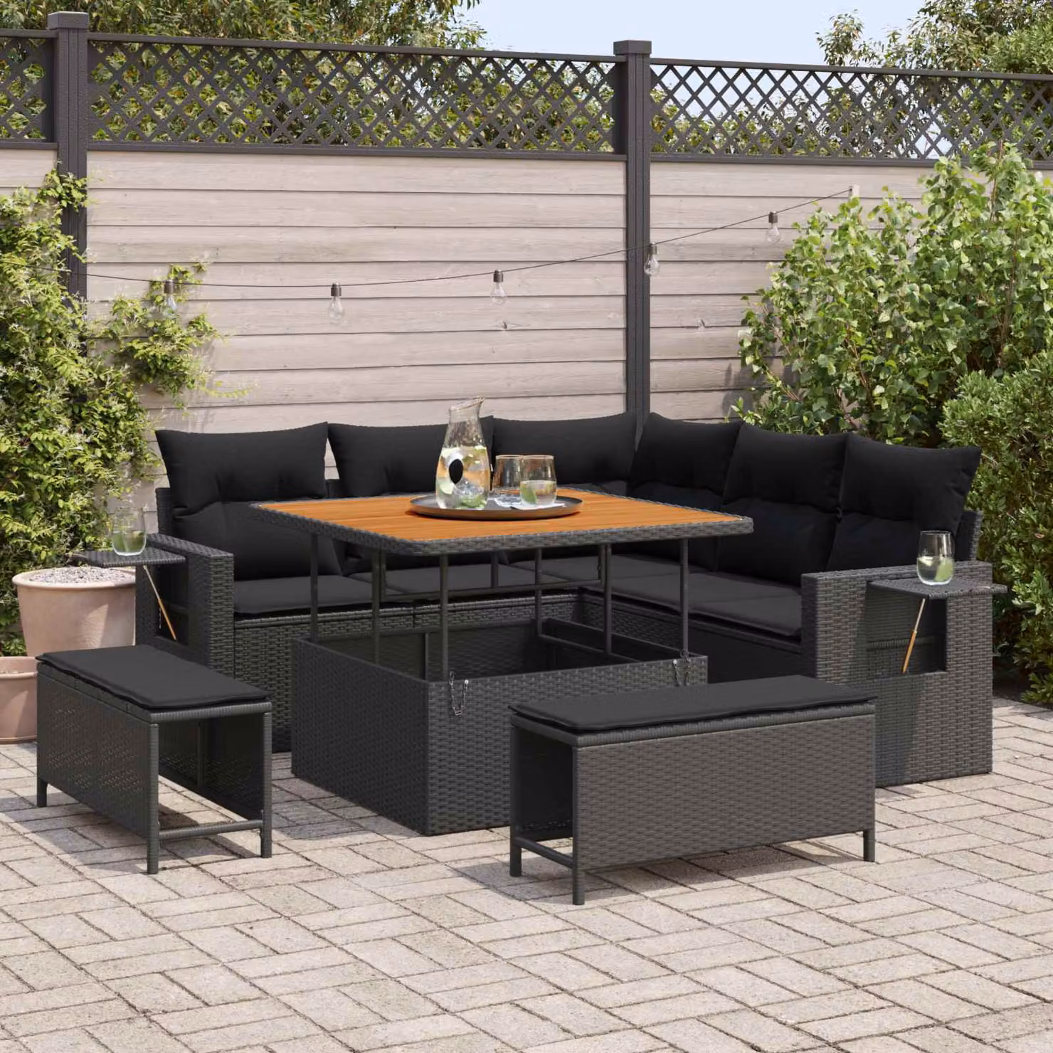 Set Divano da Giardino vidaXL 8 Pezzi in Polyrattan Nero con Cuscini e Tavolino da Esterno – 1