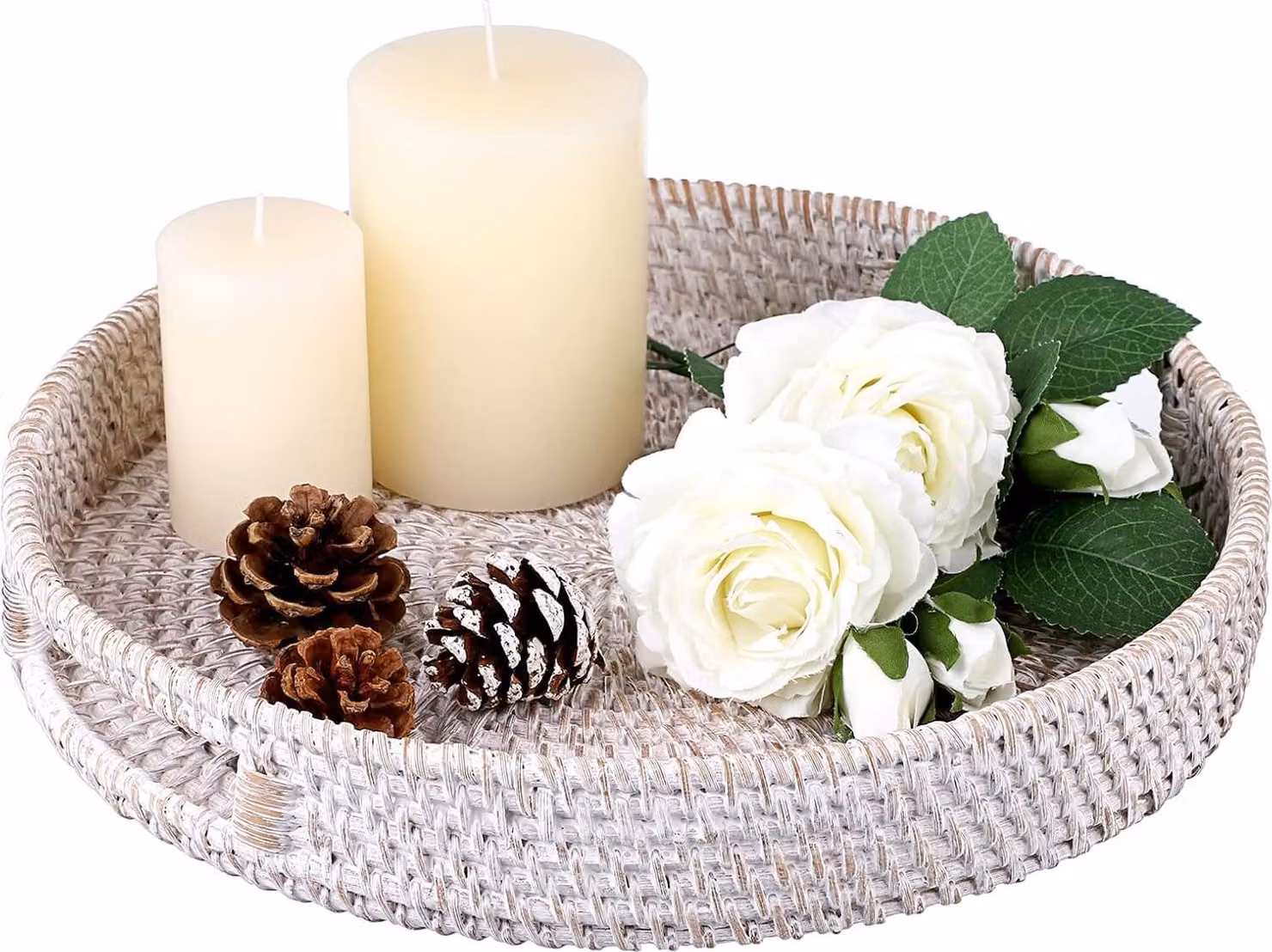 Dienblad in rattan 30 cm - Cassetto decorativo da tavolo - Con maniglia - Organizzatore da tavolo per stoviglie, trucchi, toeletta, gioielli, candele e ornamenti - Bianco