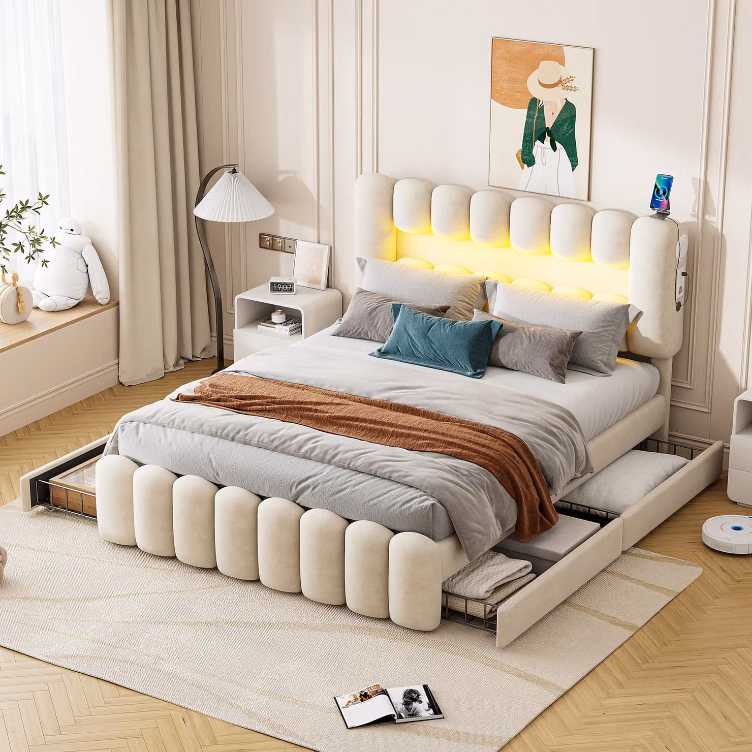 Letto imbottito Merax 160x200cm, con LED, USB e impianto stereo, letto matrimoniale con testata regolabile e 4 cassetti, letto per bambini, velluto, beige