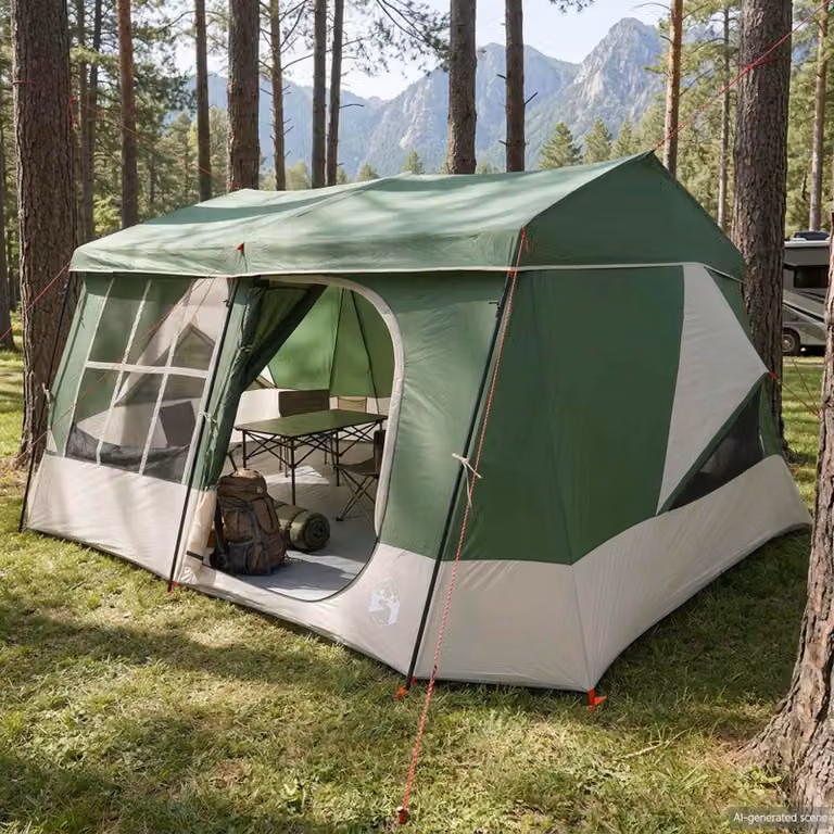 Tenda familiare vidaXL verde con telo da pioggia impermeabile in poliestere e acciaio