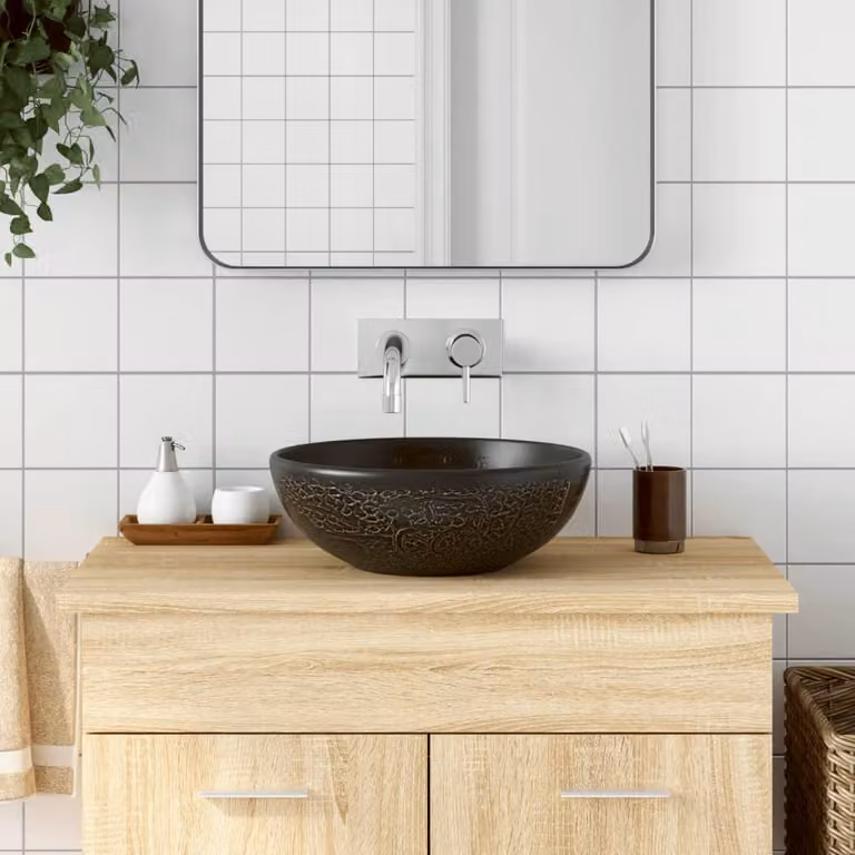 Lavabo da appoggio rotondo vidaXL in ceramica nera, Diametro: 41 cm, Altezza: 14 cm