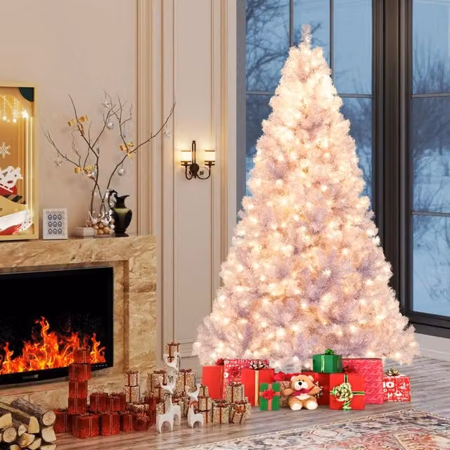 Albero di natale preilluminato alto 225 cm con 1300 rami folti, Albero artificiale di 550 luci LED bianco caldo Viola
