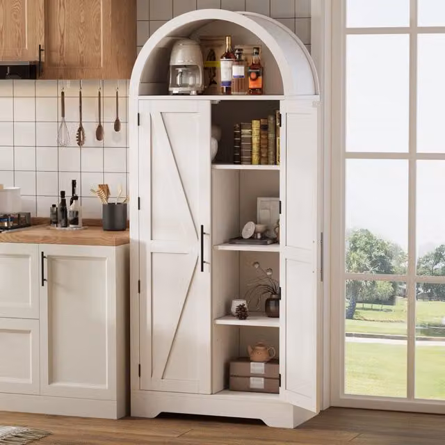 Mobile dispensa alto bianco 70 x 35 x 170 cm con 2 ante e vano aperto ad arco; ripiani regolabili; MDF
