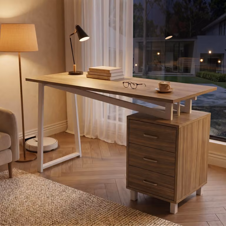 Scrivania Flieks con spazio contenitivo e guide per cassetti a tre strati, scrivania per computer, scrivania da ufficio 130x55x75 cm, colore legno naturale + bianco