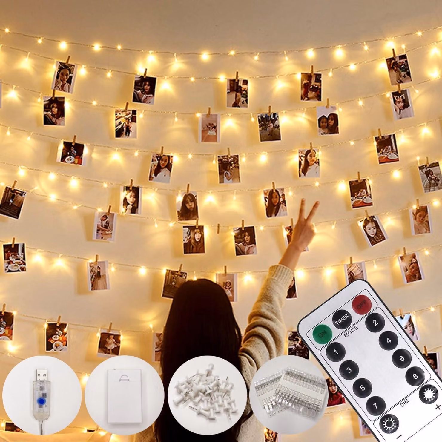 Catena luminosa con 100 LED, lunghezza 10 metri, filo di rame, con clip e telecomando