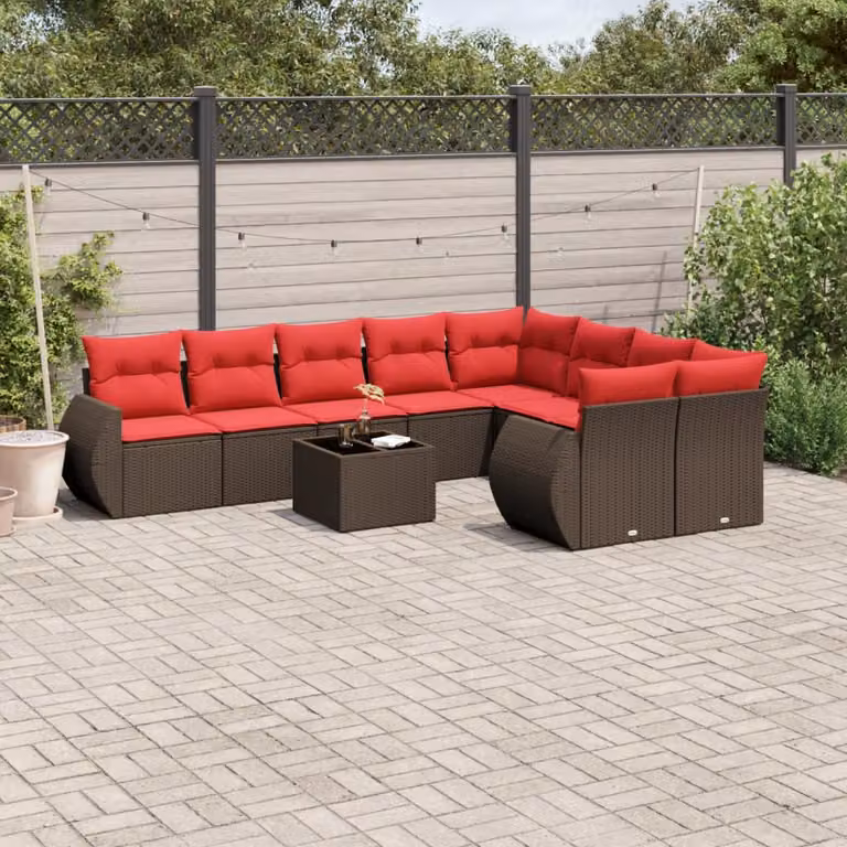 Set da giardino vidaXL composto da 10 pezzi con divani a L, tavolino da caffè e cuscini in polyrattan marrone e rosso con struttura in metallo