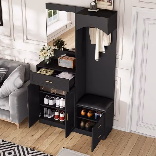 Armadio da ingresso REDOM nero con specchio e ripiani interni in MDF L/P/H: 110 x 33 x 185,5 cm