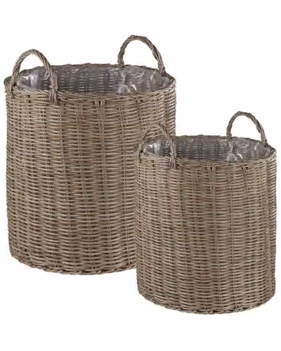 Set di 2 Cestini per Piante Rotondi in Rattan Beige Sabbia con Manici
