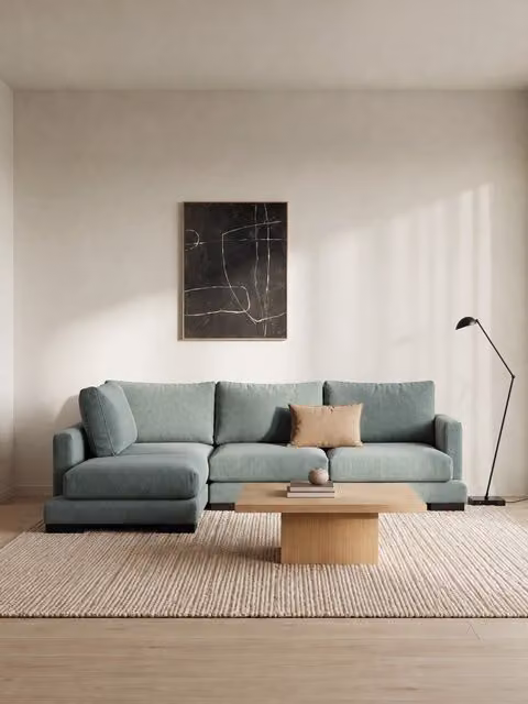 Divano Crate con chaise longue sinistra a 4 posti Kenay Home, colore acquamarina, L: 270 cm