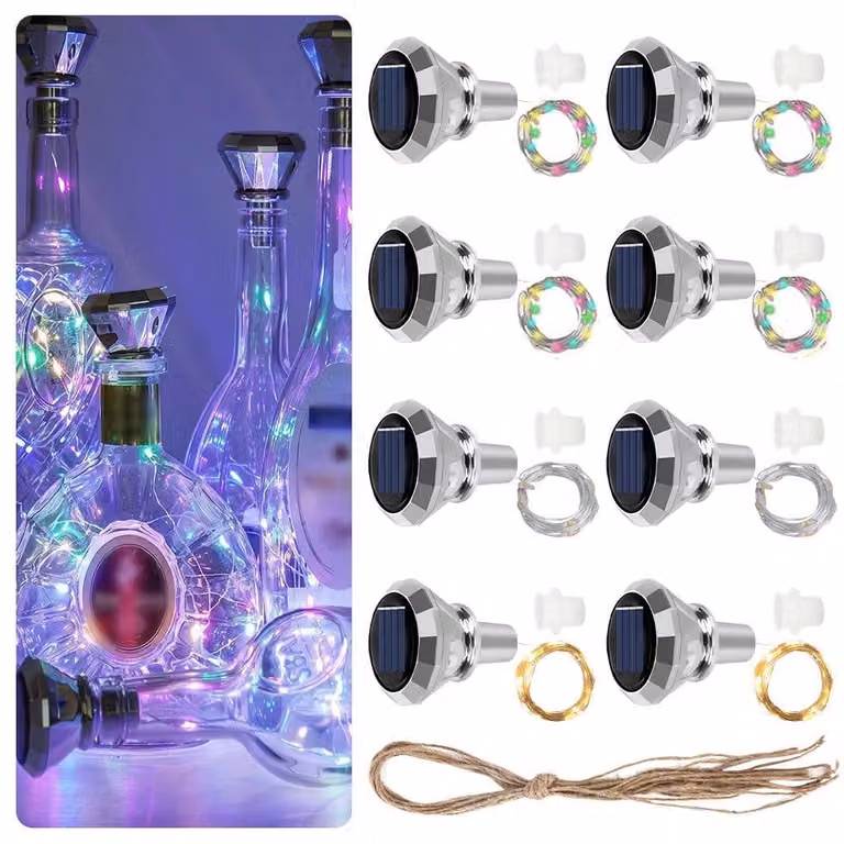 8 luci solari a forma di bottiglia, lunghezza 2 metri, 20 LED, design a diamante