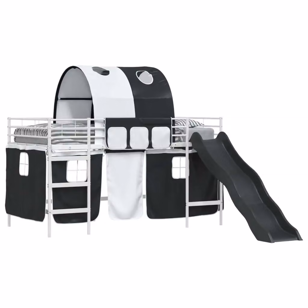 Letto a castello moderno per bambini vidaXL in metallo con struttura a casetta e scala, Bianco e Nero, H: 116 cm, L: 205 cm, P: 112 cm – 2