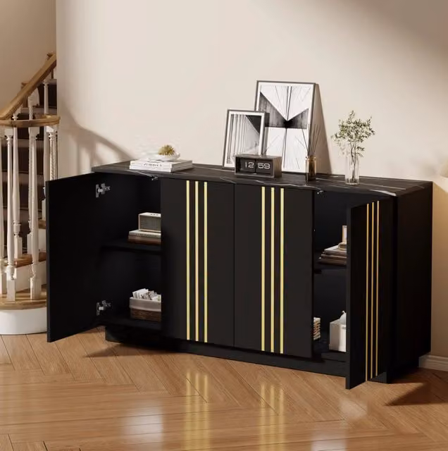 Credenza moderna a 4 ante con divisorio regolabile in MDF, colore nero e oro, L 140 x P 35 x H 70 cm – 1