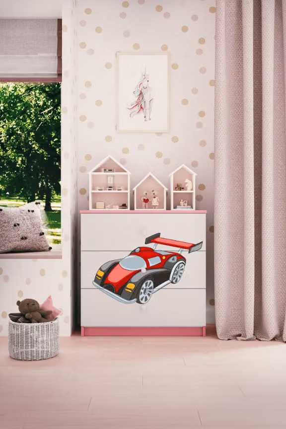 Cassettiera per bambini con cassettiera auto da corsa nel colore rosa Babydreams