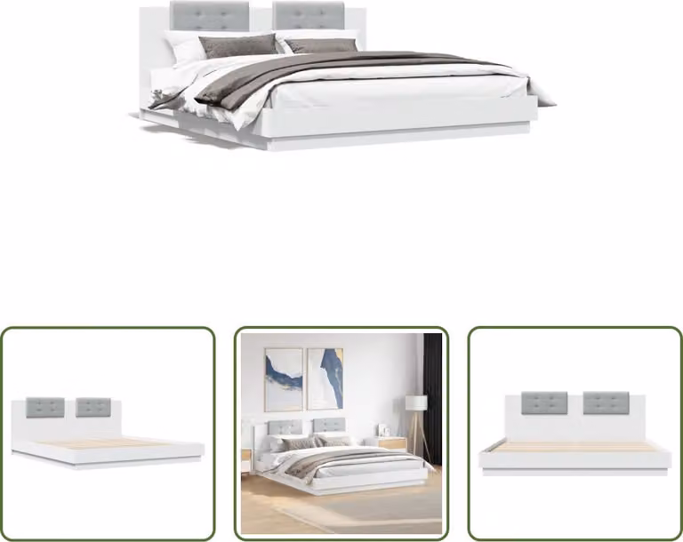 The Living Store Giroletto con testiera bianco 180x200 cm in materiale ligneo